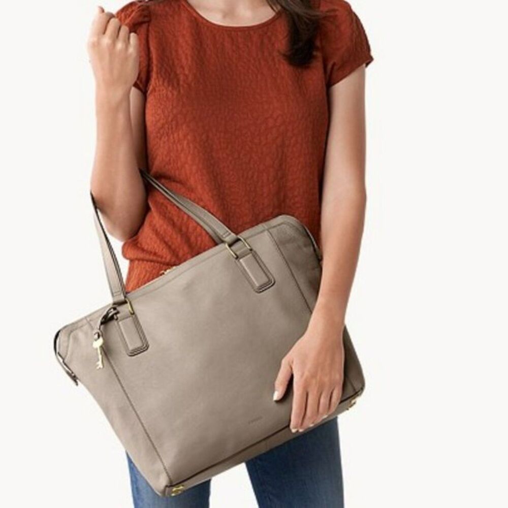 Fossil Jacqueline Tote Gray Cow Hide Leather Zip Closure Office Career Large